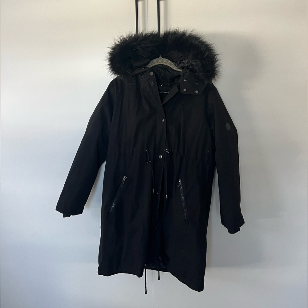 Women's Black Hooded Maternity Winter Coat With Removable Front Panel - Picture 2 of 5